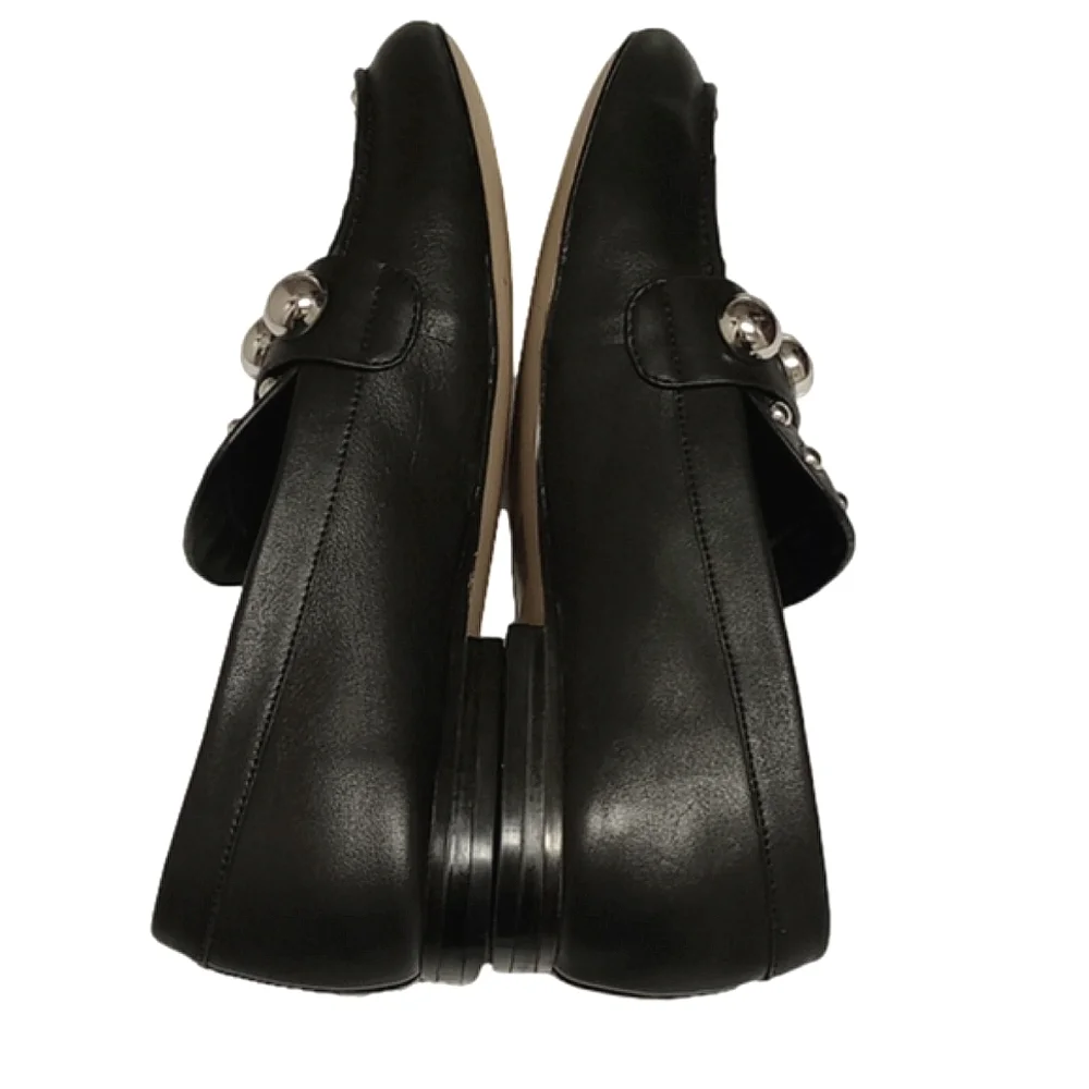 KARL LAGERFELD "AVAH" BLACK LEATHER LOAFER FLATS SHOES WITH SILVER DOME … - Picture 9 of 13